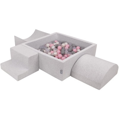 KiddyMoon Area Di Gioco In Schiuma Con Quadrato Piscina Di Palline (200 Palline) Per Bambini, Grigioch:Perla/Grigio/Trasparente/Rosa Chiaro