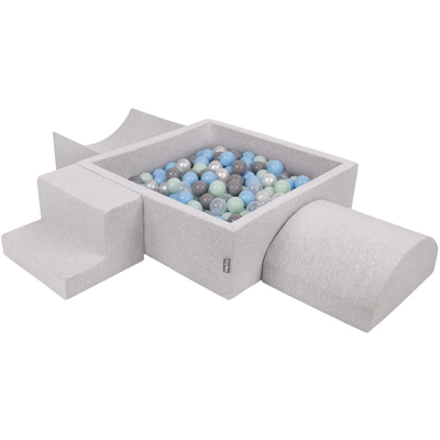 KiddyMoon Area Di Gioco In Schiuma Con Quadrato Piscina Di Palline (200 Palline) Per Bambini, Grigioch:Perla/Grigio/Trasparente/Azzurro/Menta