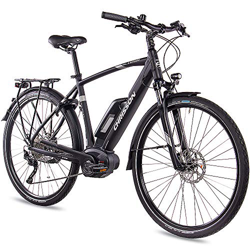 CHRISSON - Bicicletta elettrica da uomo, da trekking e da città, 28 pollici, E-Actourus nero opaco, cambio Shimano Deore a 10 marce, pedelec con motor en oferta