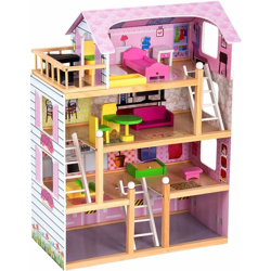 Casa delle Bambole con 3 Ripiani, Giocattolo per Bambini, con Mobili e Accessori Completi, di Legno, Rosa, 80x62x32 cm en oferta