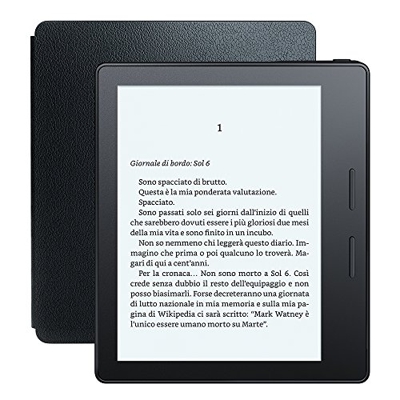 E-reader Kindle Oasis con custodia-caricatore in pelle nera, schermo da 6" ad alta risoluzione (300 ppi) con luce integrata, 3G gratuito + Wi-Fi