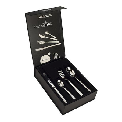 Serie Toscana - Pacco Regalo Set Di Posateria 24 Pezzi (6 Coltelli + 12 Cucchiaio + 6 Forchetta) - Monoblocco Unipezzo Colore Argento